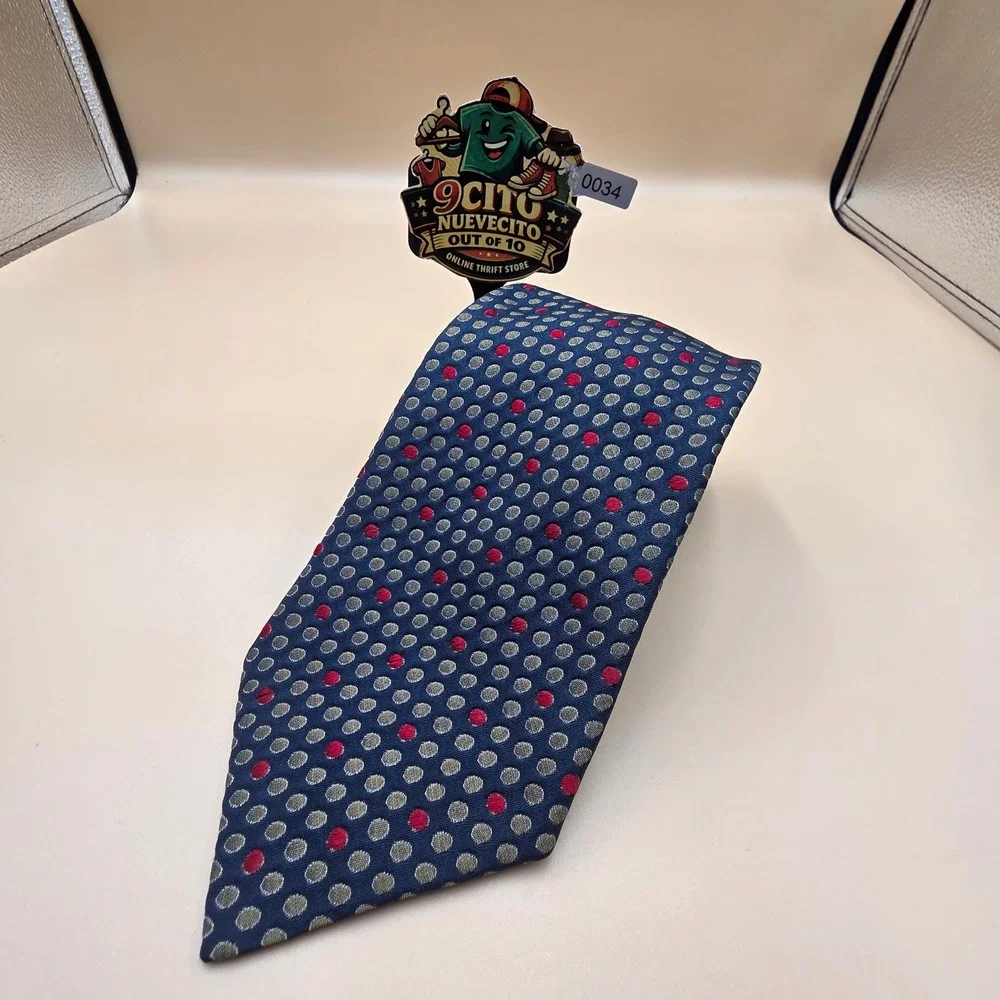 R&R Casuals Mens Silk Tie Navy Blue Gold Red Geometric Dot Made in Italy 0034